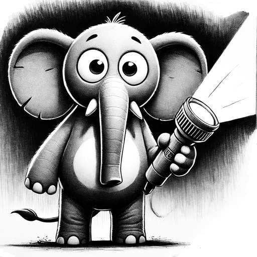 A cartoon elephant holding a flashlight — looking for the elephants in the room