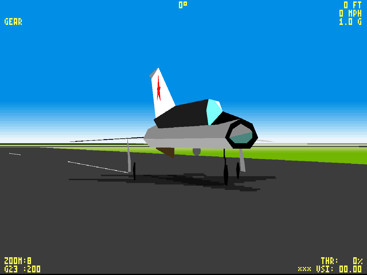 The refined renderer: the same parked jet drawn at 1280×960 — smooth canopy frame, tail fin and landing-gear struts