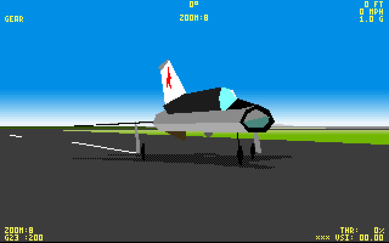 The original renderer: a parked jet on the runway at 320×200, upscaled — coarse pixels on fuselage, canopy and landing gear