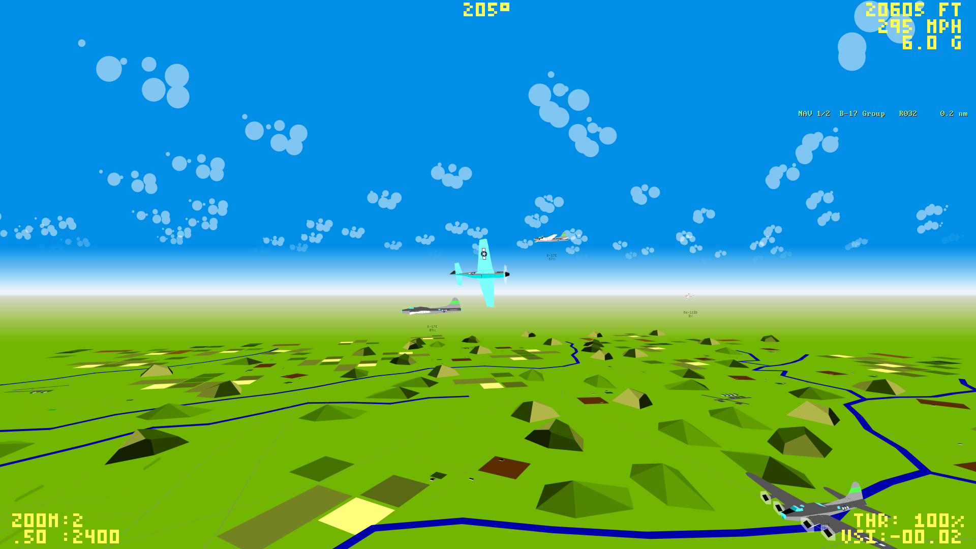 Chase view high over the polygon landscape, a second fighter close by