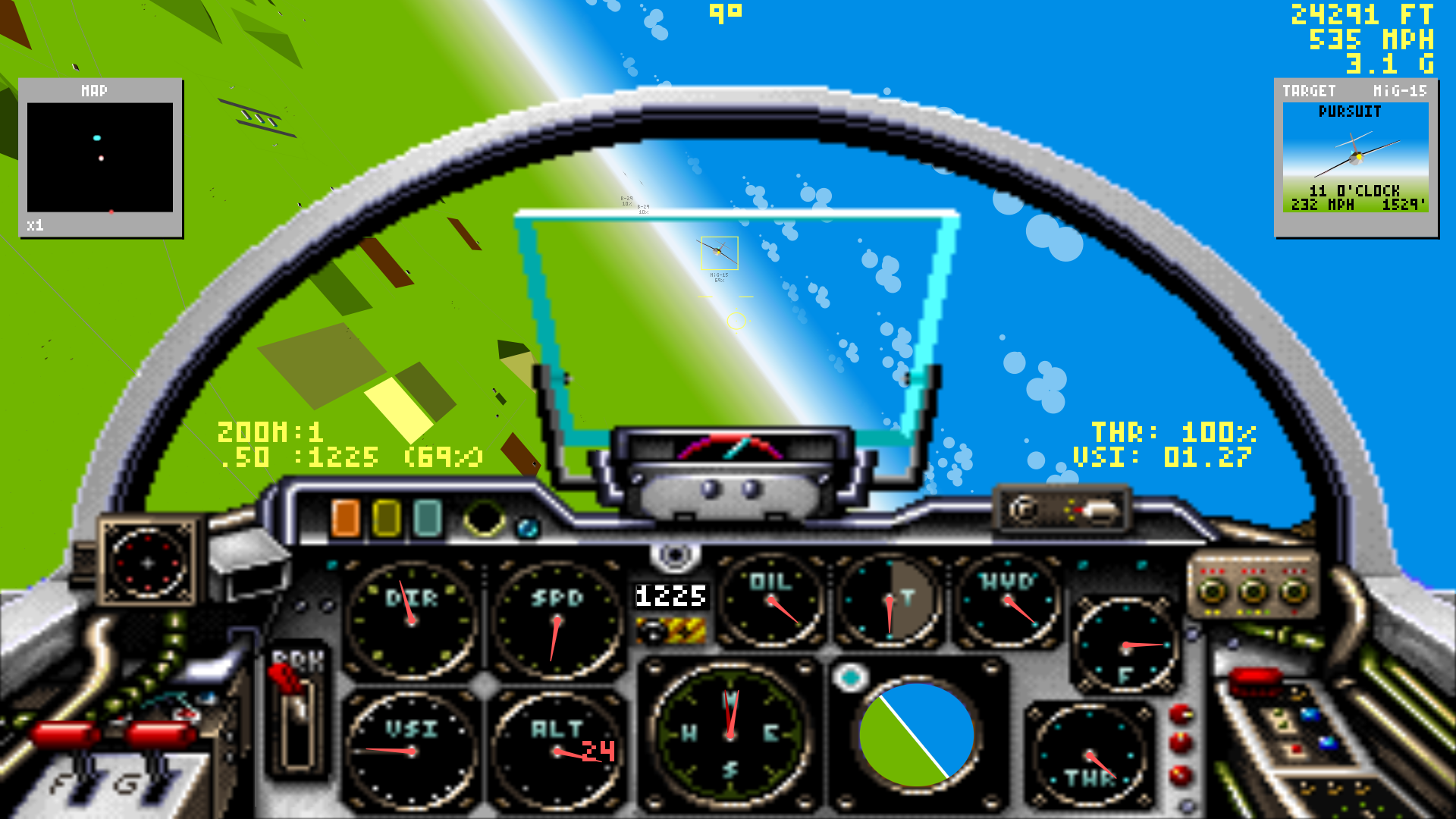 Cockpit view mid-roll, full instrument panel, horizon tilted
