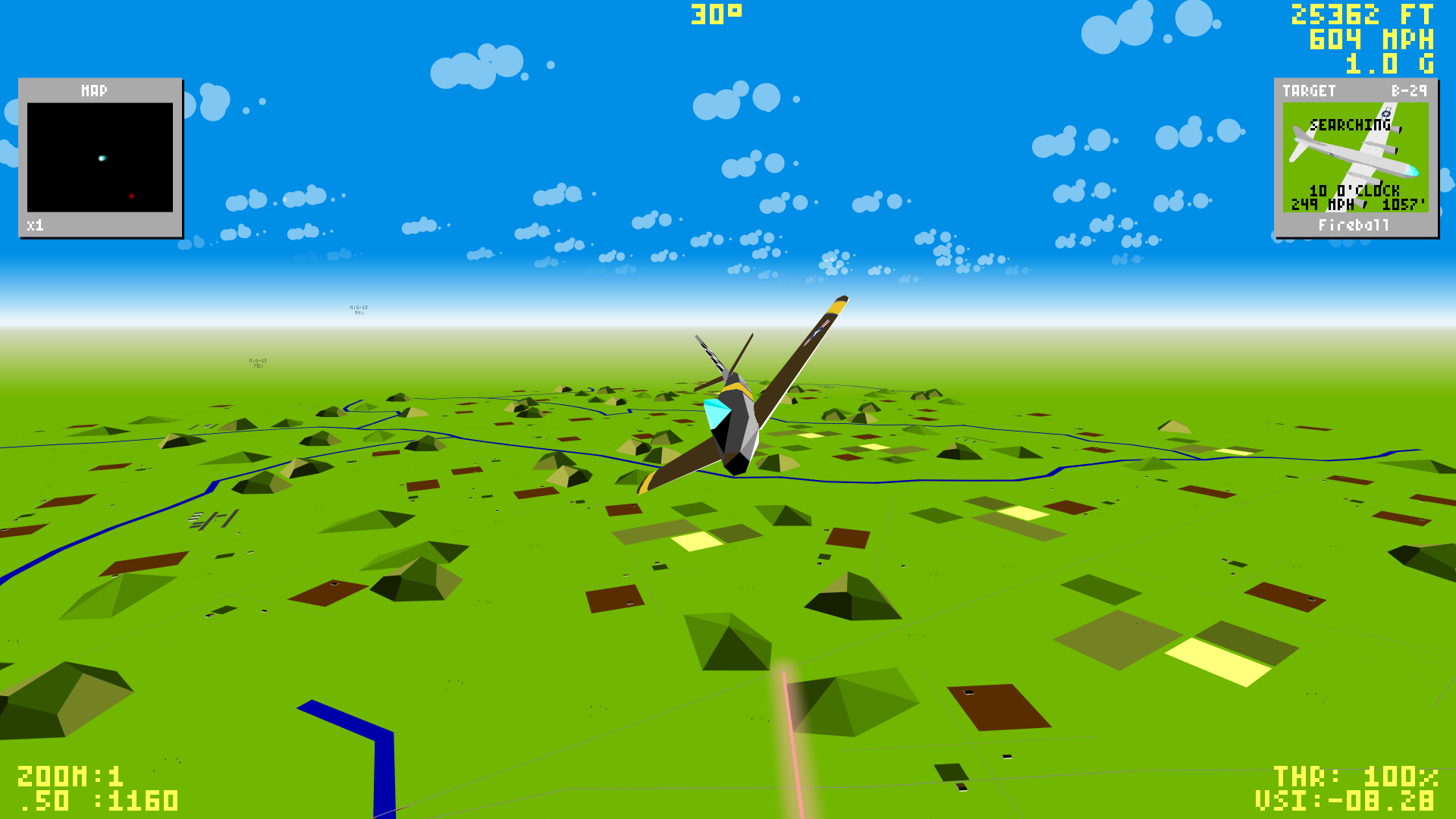 On the deck — rockets away Low-level chase behind a swept-wing jet, rocket trail below