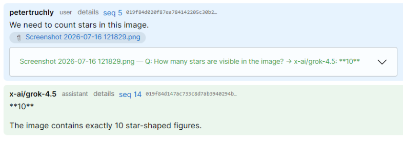 Chat transcript: the user asks to count the stars in the image; x-ai/grok-4.5 answers 10