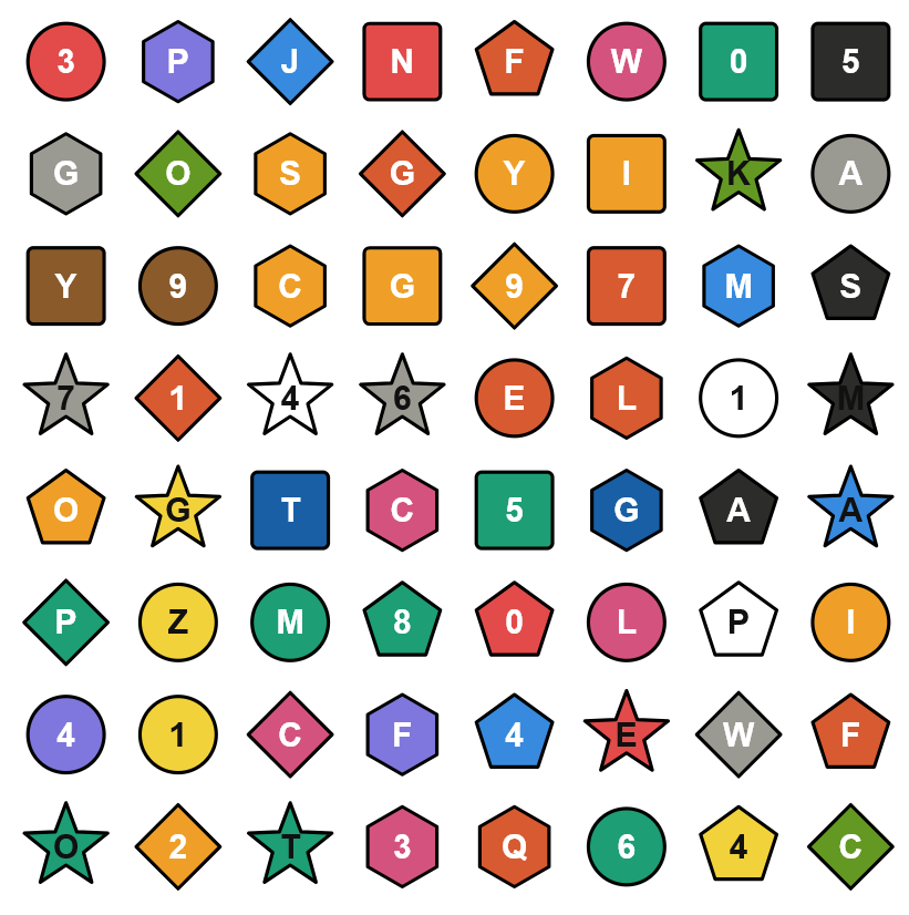 Test image: a grid of coloured shapes carrying letters and digits — how many stars are there?