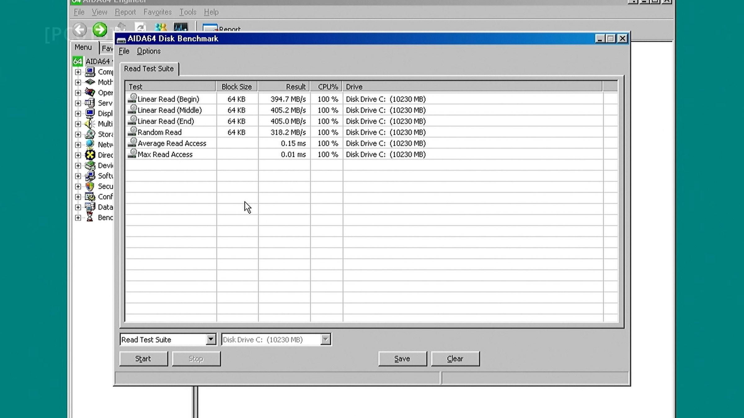 AIDA64 disk benchmark under Windows 98: 400 MB/s linear reads over AHCI