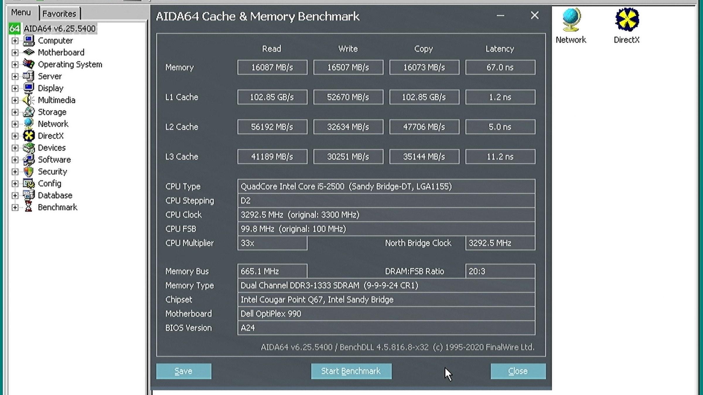 AIDA64 cache and memory benchmark under Windows 98: 16 GB/s reads, 67 ns latency