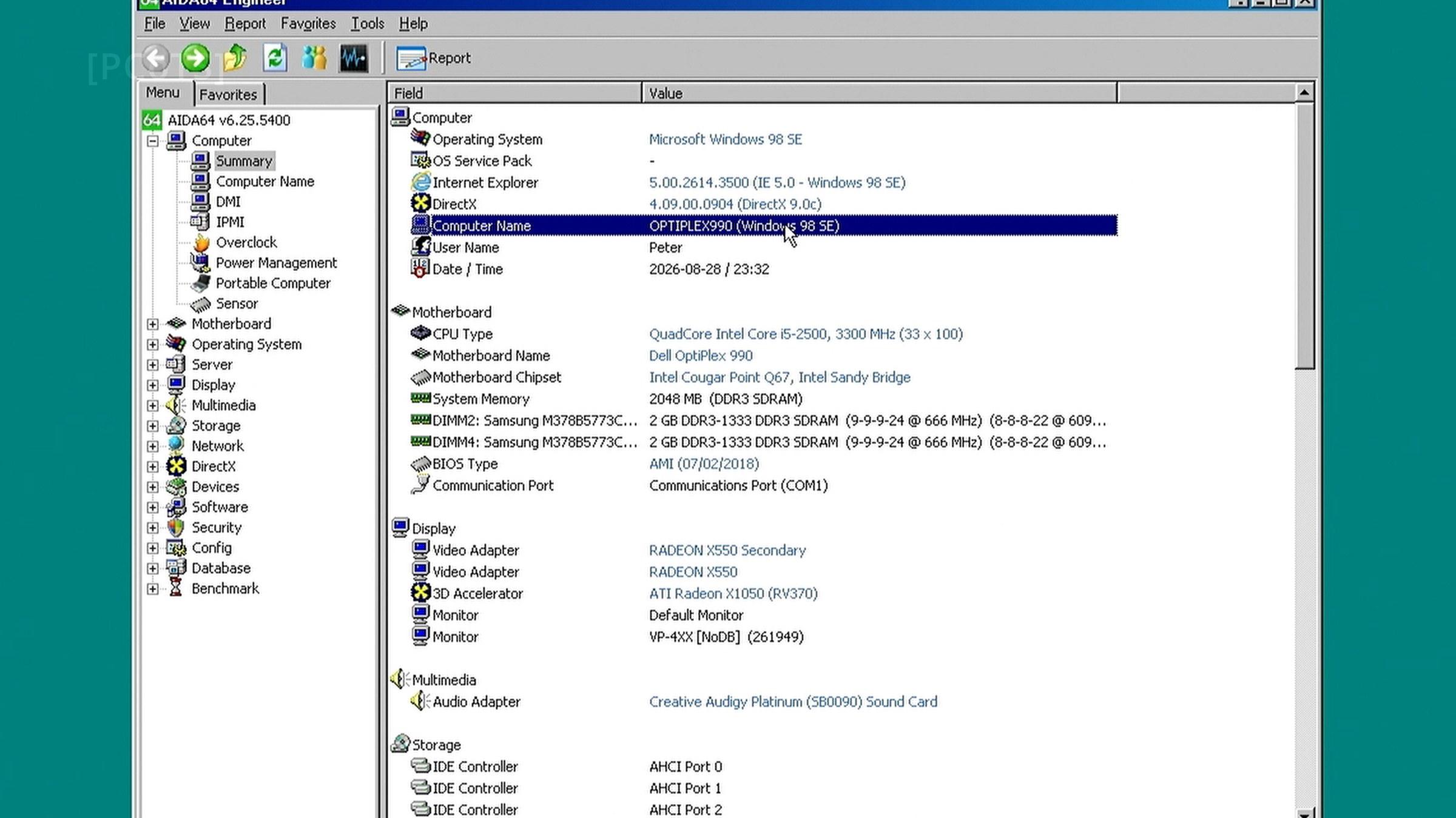 The summary AIDA64 never expected to print AIDA64 summary on Windows 98 SE: i5-2500, Radeon X550, Audigy, AHCI controllers