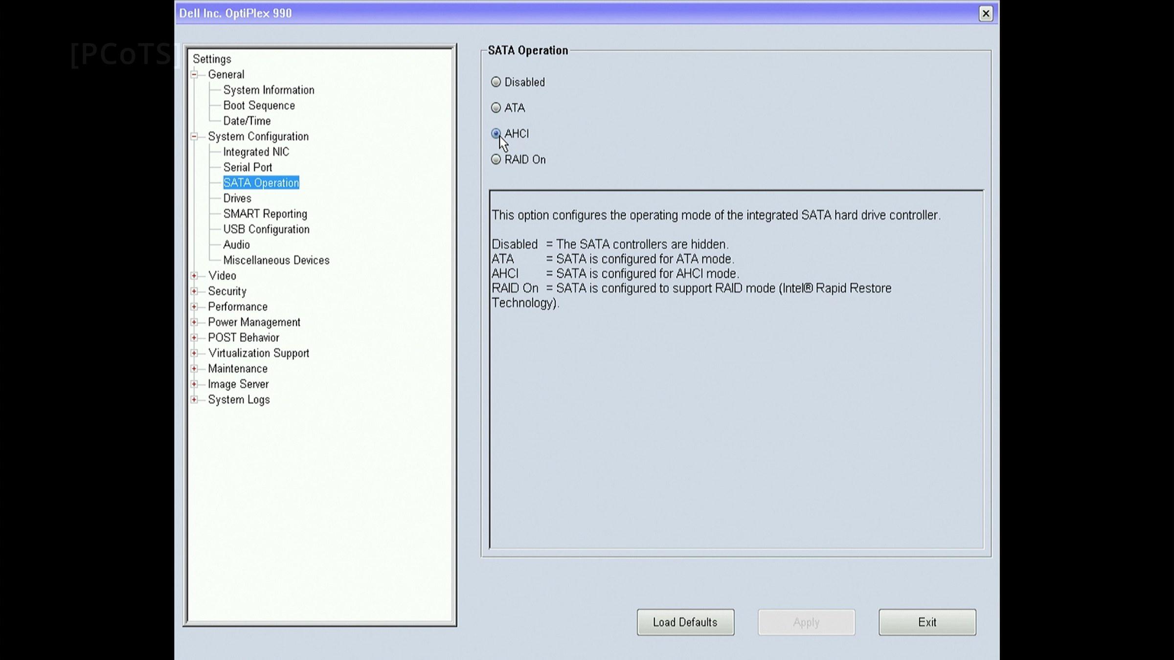 SATA Operation: AHCI, not the ATA/legacy mode OptiPlex 990 BIOS, SATA Operation page set to AHCI