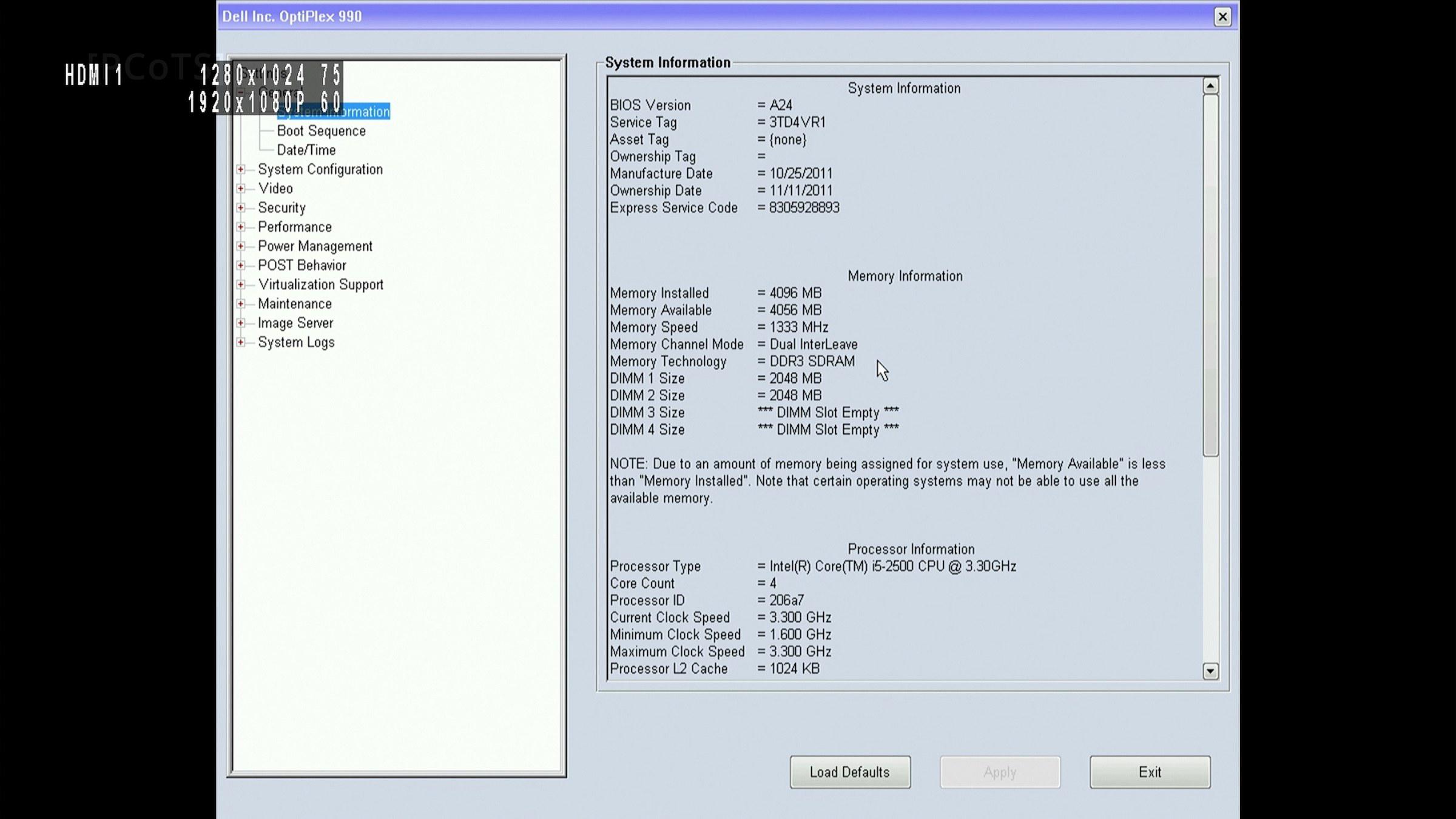 OptiPlex 990 BIOS, System Information: BIOS A24, i5-2500, 4 GB dual-channel DDR3-1333