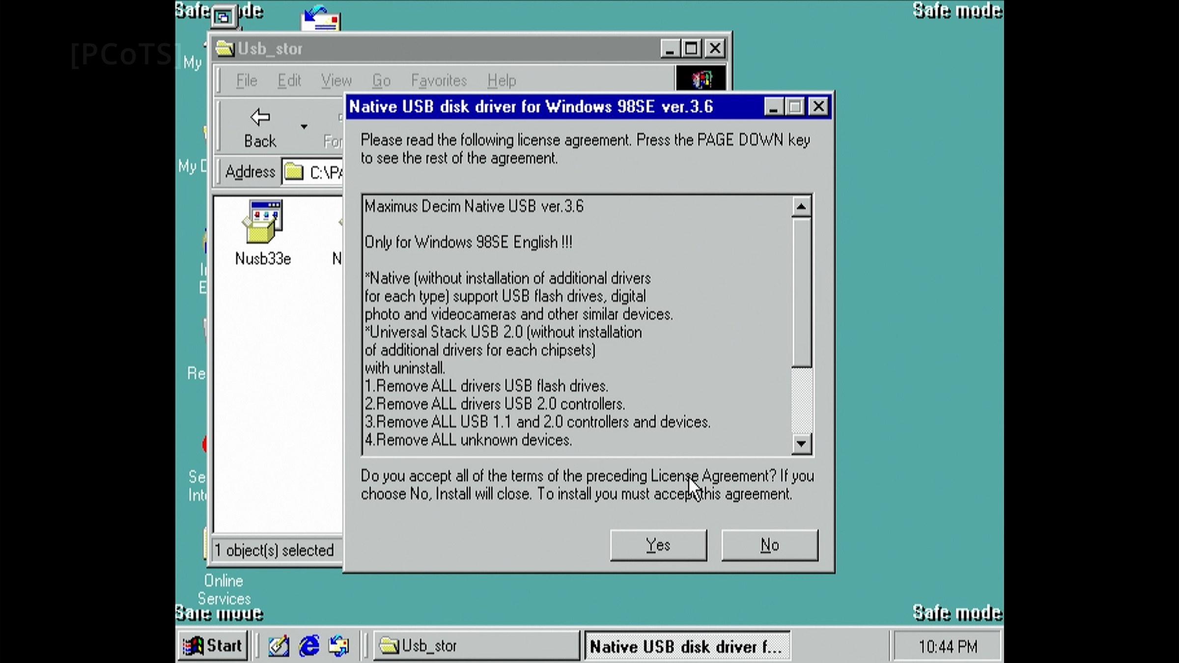 NUSB 3.6 going in — Safe mode, of course NUSB 3.6 (Maximus Decim Native USB) installer running in Safe mode