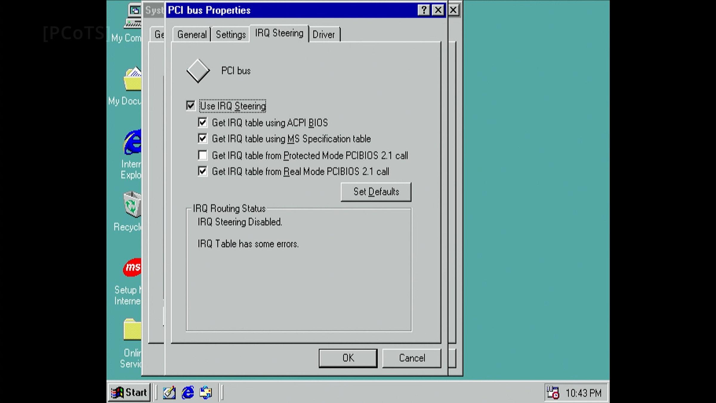 Windows 98 PCI bus properties, IRQ Steering tab: IRQ Steering Disabled, IRQ Table has some errors