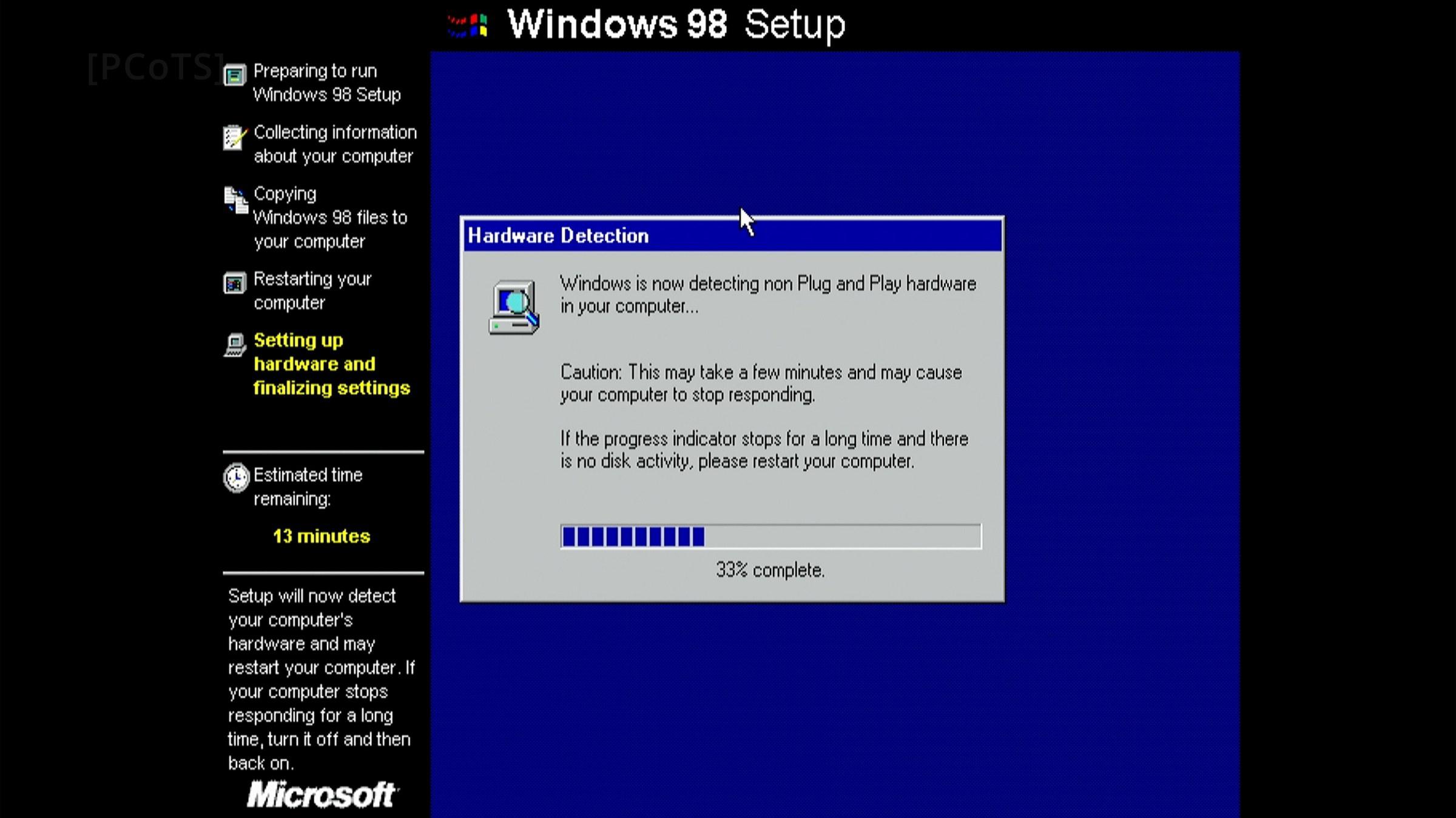 Phase 2 at 33 % — the probe for a parallel port this board does not have Windows 98 Setup, Hardware Detection stuck at 33 %
