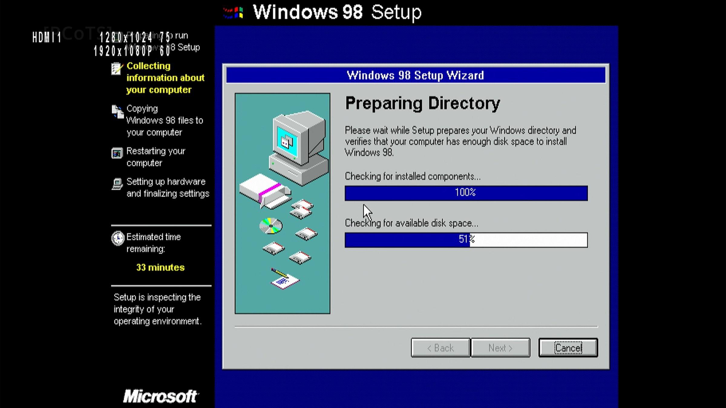 Windows 98 Setup copying files, Preparing Directory dialog