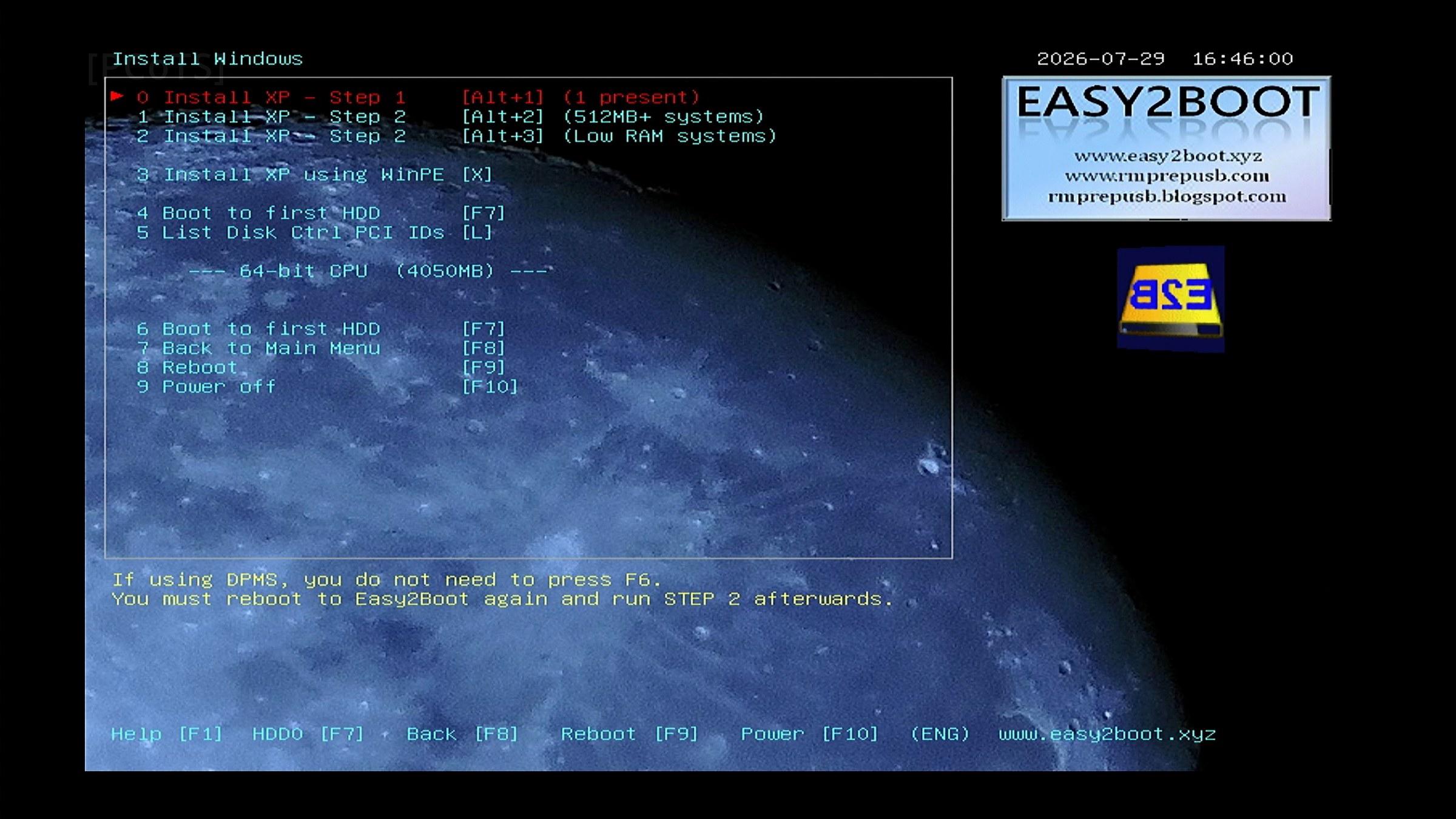 Easy2Boot menu with the XP install steps