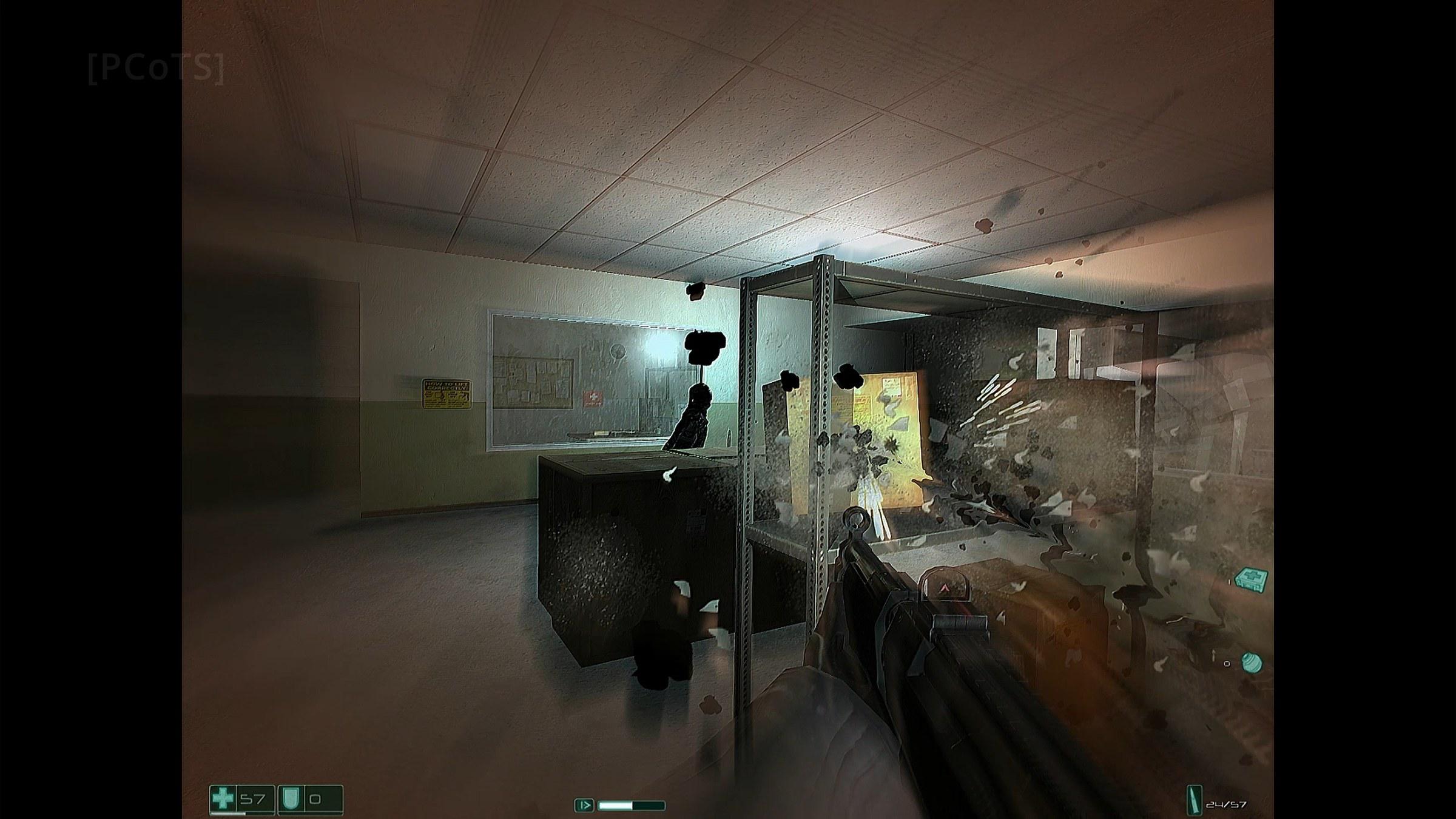 F.E.A.R. in-game, debris flying through an office