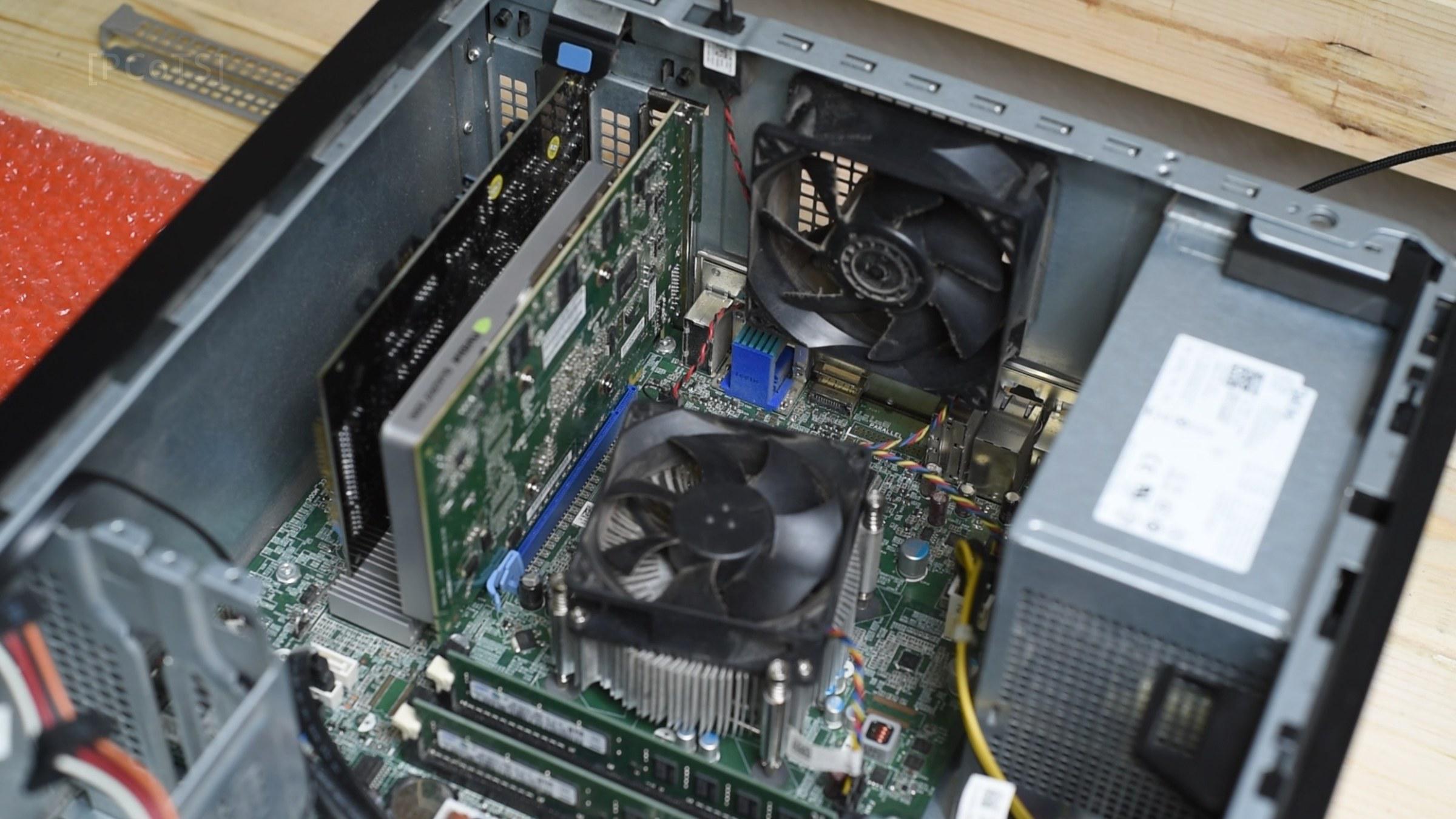Inside the case: Quadro 2000 installed next to the stock cooler