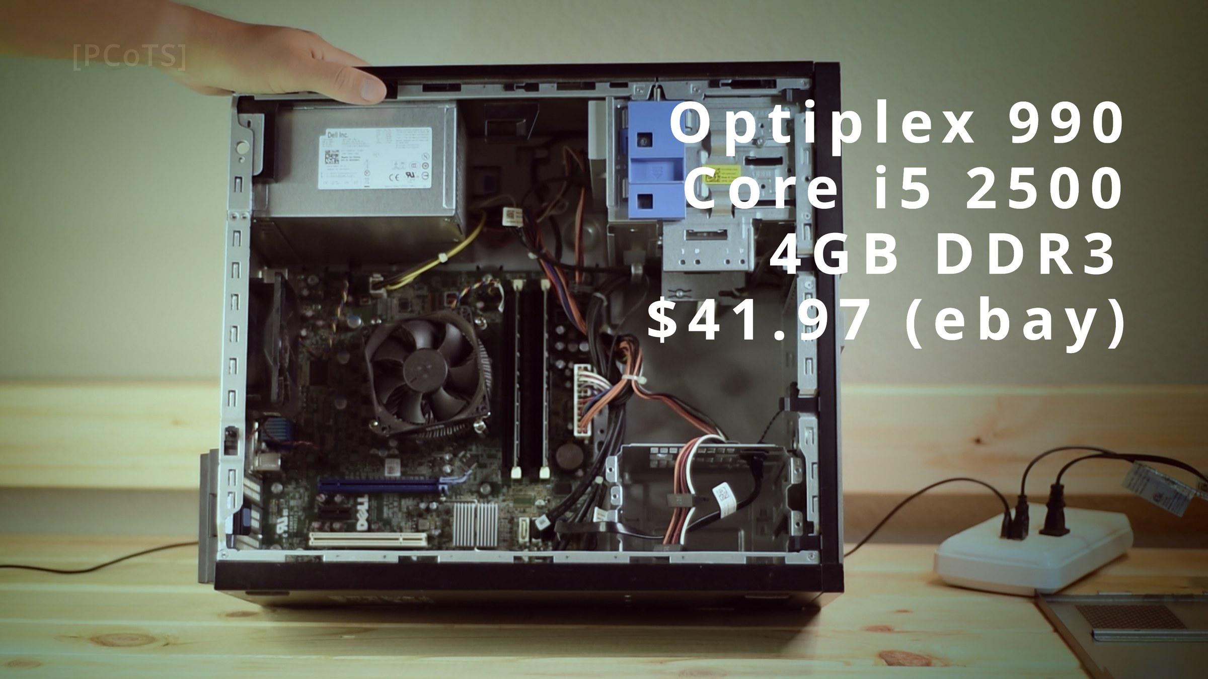 OptiPlex 990 open, with the price overlay: Core i5 2500, 4 GB DDR3, $41.97 on eBay