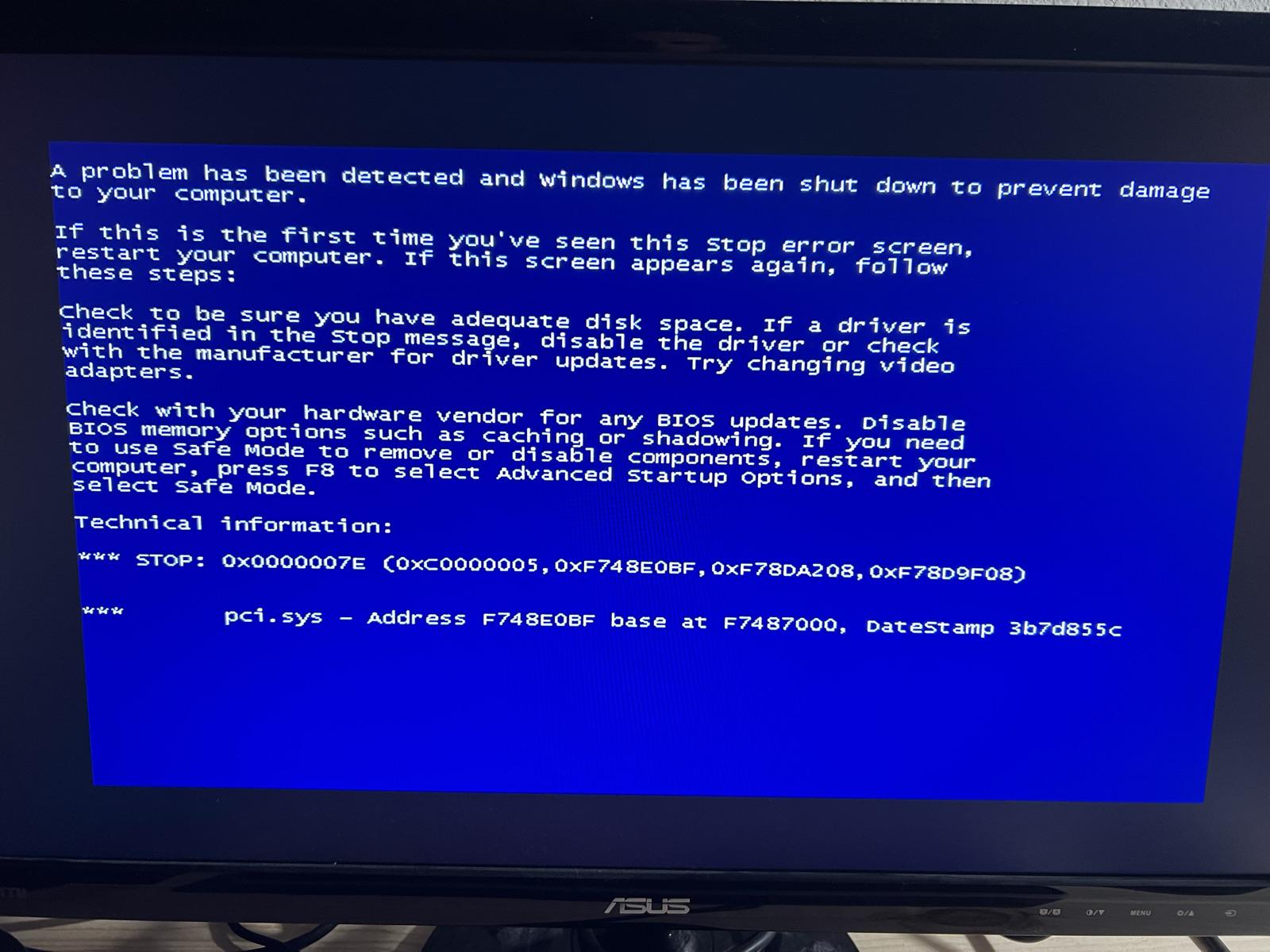 XP setup blue screen, STOP 0x7E in pci.sys