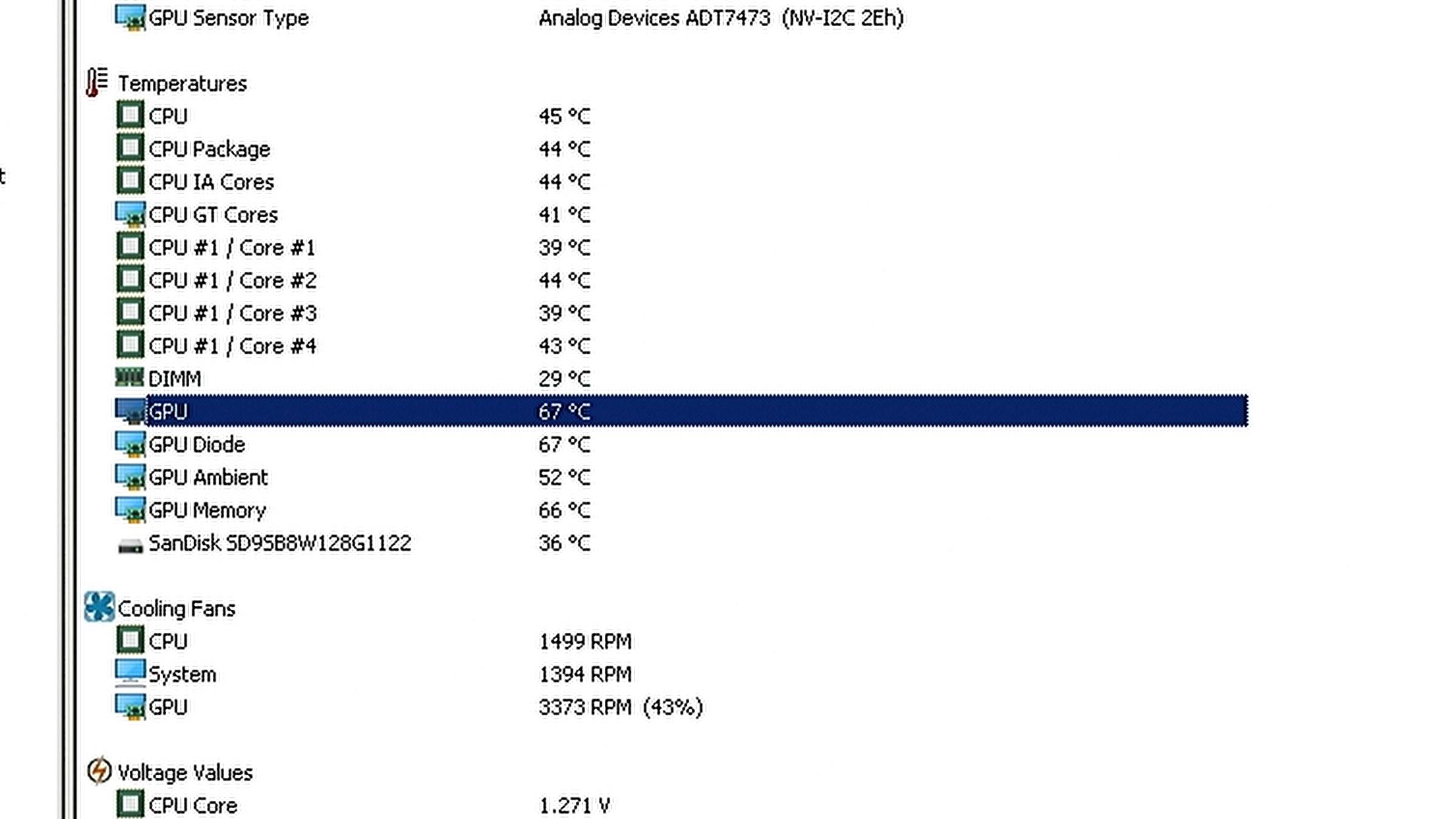 After: CPU 45 °C, GPU fan at 43 % — not that I was worried AIDA64 sensors after the mod: CPU at 45 °C