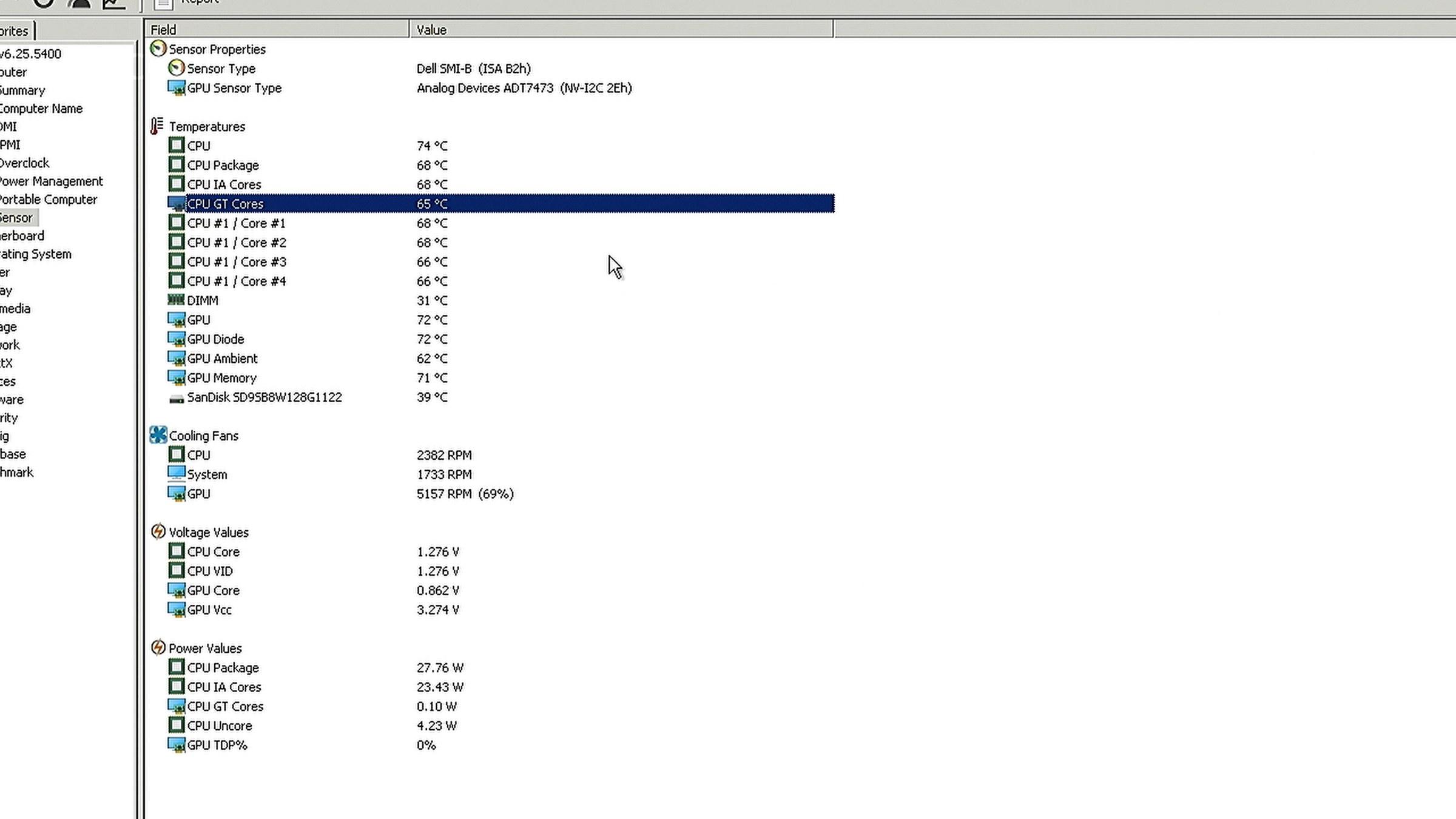 Before: CPU 74 °C, GPU fan screaming at 69 % AIDA64 sensors before the mod: CPU at 74 °C, GPU fan at 69 %
