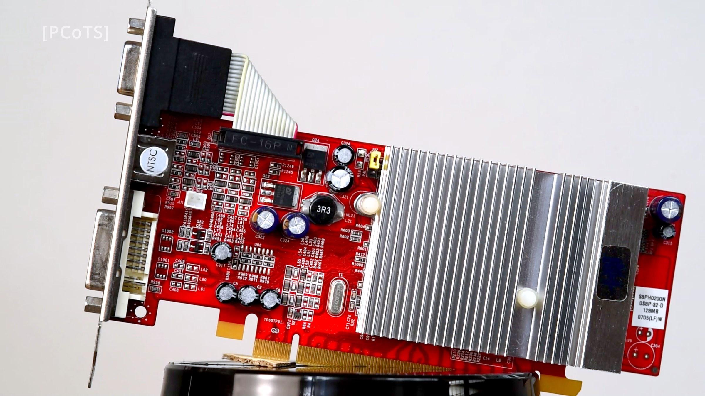 Passive heatsink, VGA + DVI — the DirectX 9 era at its cheapest Radeon X550/X1050 heatsink side with VGA and DVI outputs